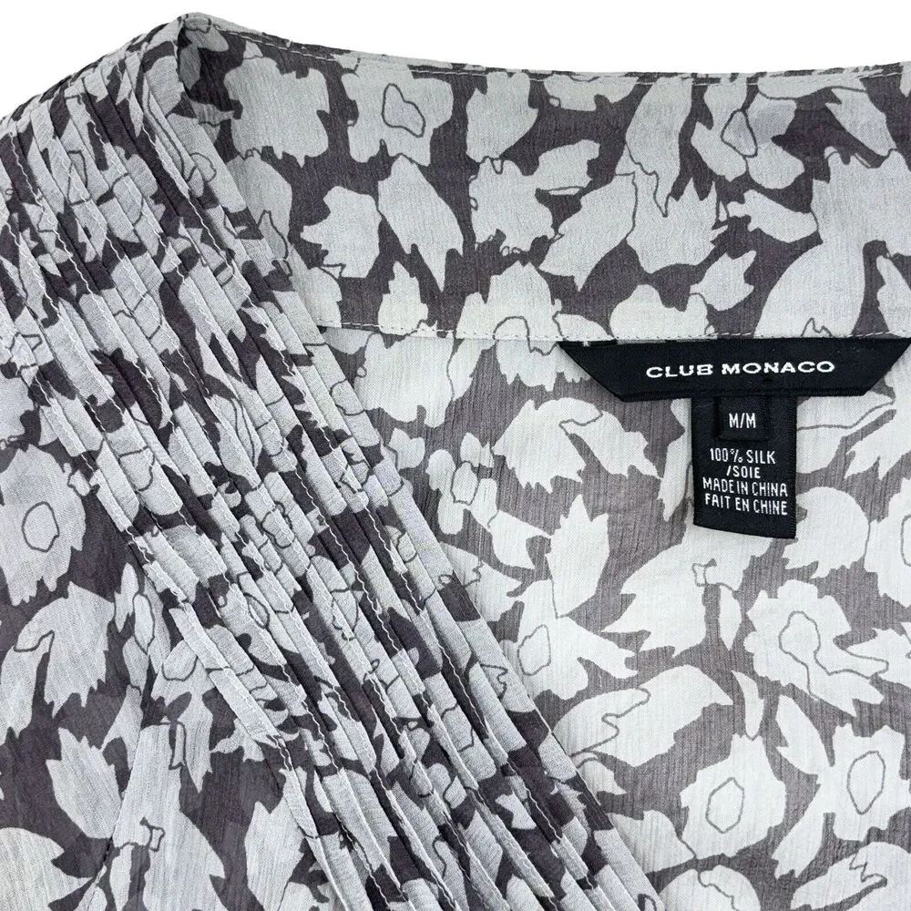 Club Monaco silk‎ chiffon flutter sleeve blouse Gray Brown print sheer Top Sz M - Picture 12 of 13